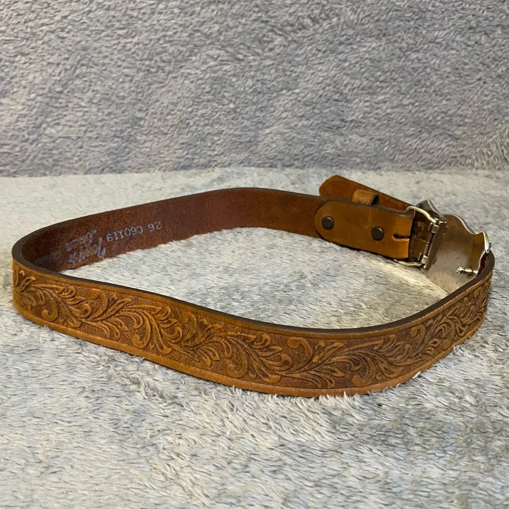 Vintage Tony Lama KIDS Tooled Leather Belt Silver & Gold Ornate Longhorn